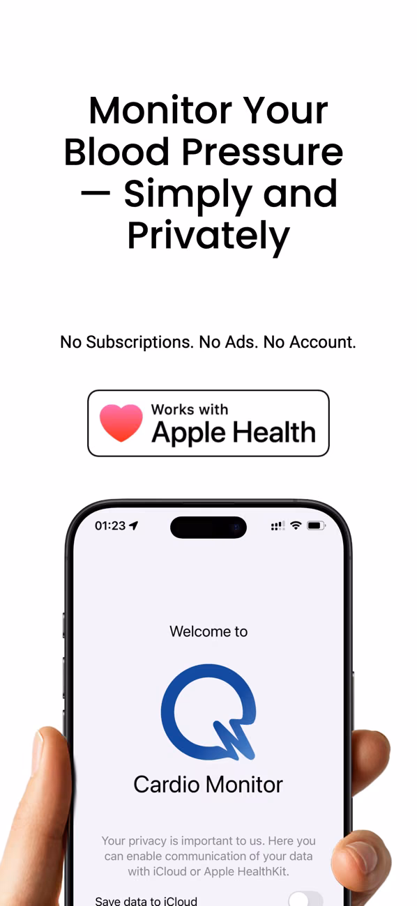 Q Cardio Monitor app showing a blood pressure reading on iPhone